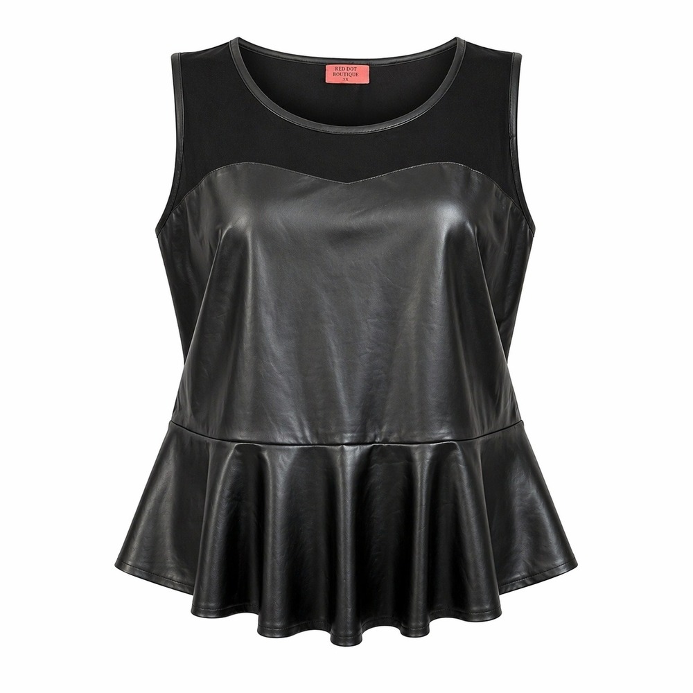 Red Dot Boutique Faux Leather Peplum Top Plus Size 3X Black Sleeveless Mesh